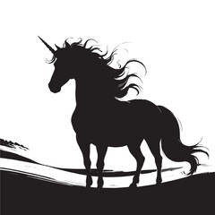 Majestic black silhouette of a powerful unicorn with flowing mane and tail standing against a white background, evoking fantasy and wonder.