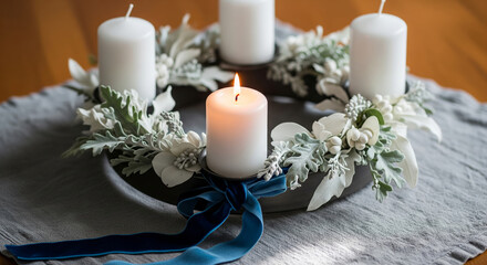 Minimalist Blue and White Advent Wreath with Silver Accents