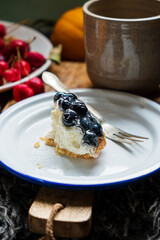A tasty blueberry tart with creamy cheese sits invitingly on a white plate