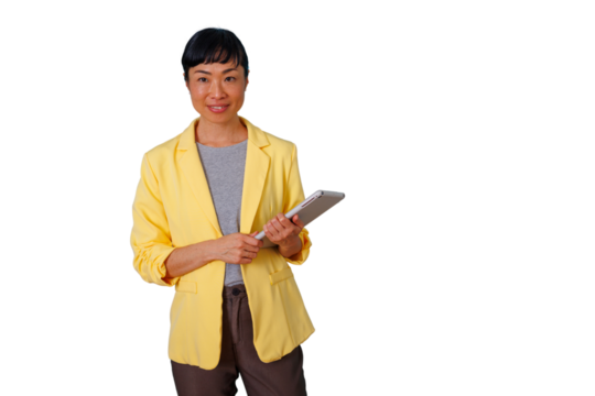 Asian businesswoman smiling and holding a digital tablet, representing technology and professional communication, transparent background