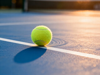 Tennis Ball on Blue Court. Sports Equipment with Sunset Light