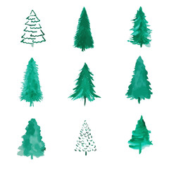 Obraz premium Collection of nine watercolor painted and hand drawn christmas trees in various shades of green on a white background