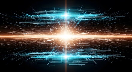 Abstract visualization of a bright energetic explosion of light particles and streaks in a dark digital space, representing data flow and connectivity
