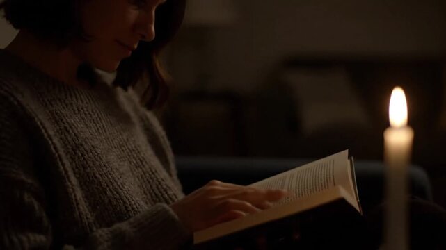 Woman quietly reading a book by candlelight in a cozy, dim room at night