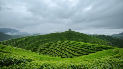 Vast rolling green tea plantations on a misty mountain landscape under a dramatic cloudy sky