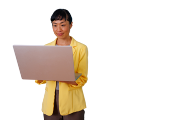 Asian businesswoman working on laptop, managing business, online communication, remote working, transparent background