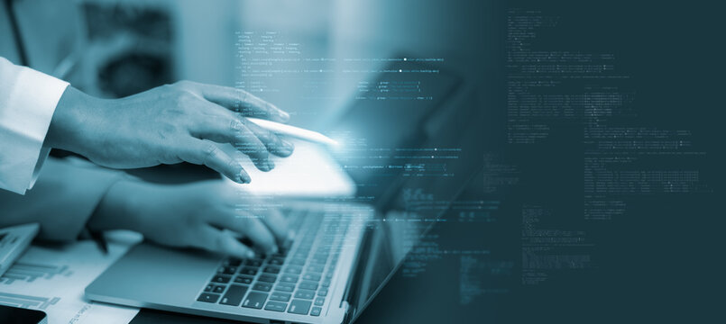 Software developer working with digital code and cybersecurity interface