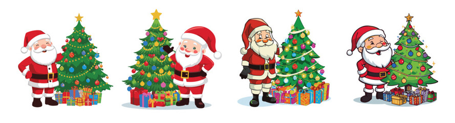 santa claus vector collection distributing gifts near the punis tree