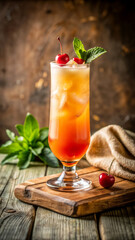 Refreshing rum punch cocktail in a tall glass with red cherries and fresh mint garnish on wooden board. Rum punch cocktail features a delightful blend of tropical flavors, with a smooth rum base.