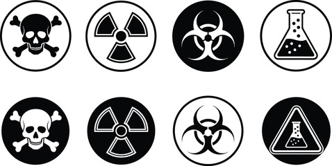 Hazard warning icons, skull and crossbones, radiation symbol, biohazard sign, chemical flask, lab caution, triangular warning, safety symbols, vector set