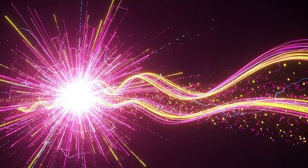 Abstract explosion of pink and yellow light trails and particles against a dark background, representing energy and motion
