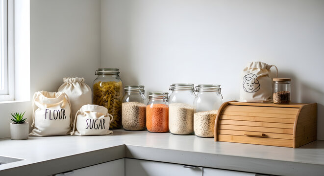 Organized kitchen pantry with reusable storage containers and sustainable food storage solutions ideas