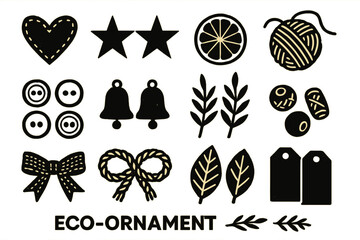 Brutalist Eco-Ornaments. Eco-Ornament Collection bold vector icon set: fabric hearts, paper stars, dried fruit slices, jute twine, wooden buttons, small bells, greenery sprigs,