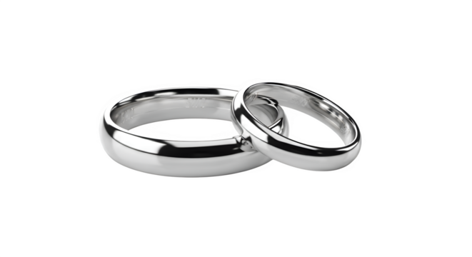 Two elegant silver wedding rings intertwined and reflecting light isolated on transparent background