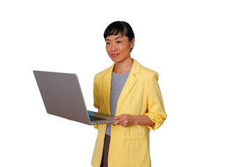 Asian businesswoman in yellow blazer holding laptop, smiling, working, using technology, transparent background
