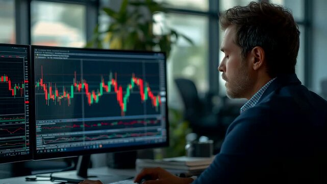 Young male trader analyzing stock market candlestick charts on multiple computer monitors in modern office