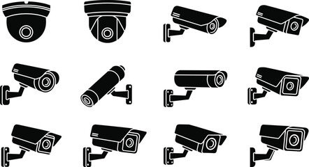 Surveillance camera icons, dome cameras, bullet cameras, box cameras, CCTV security, wall mount, ceiling mount, black and white, vector set © VectoBloom