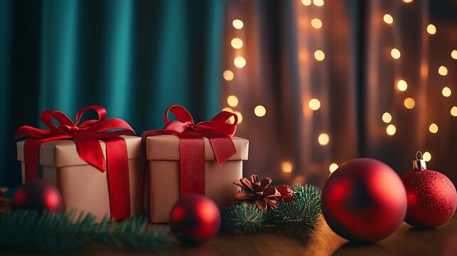 Festive christmas presents wrapped in brown paper with red ribbon bows sit on a table with blurred warm fairy lights and ornaments