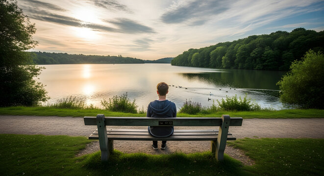 Person sitting on park bench overlooking lake at sunset scenic landscape photography for mental health concept - Powered by Adobe
