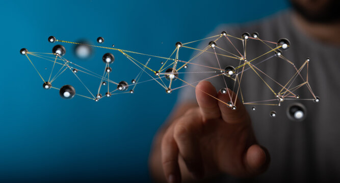 Close up of person touching a digital network or futuristic connection. Concept of technology, connection, and