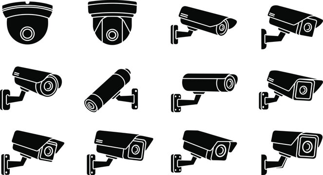 Surveillance camera icons, dome cameras, bullet cameras, box cameras, CCTV security, wall mount, ceiling mount, black and white, vector set