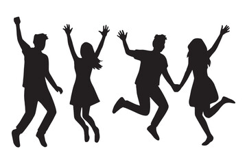 Dynamic silhouettes of joyful people leaping and celebrating together, capturing moments of pure excitement and freedom