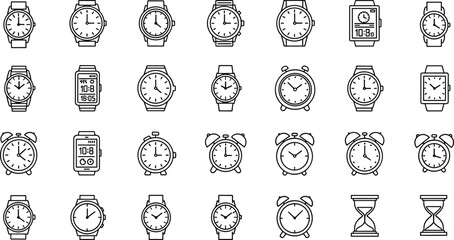 Timekeeping device icons, analog watches, digital clocks, alarm clocks, wall clocks, hourglasses, line art, black and white, vector set