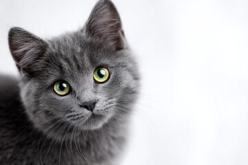 Obraz premium Enchanting Gaze of a Russian Blue: A captivating close-up of a Russian Blue cat, its striking gray coat and vibrant green eyes draw the viewer in, showcasing the breed's elegance and charm.