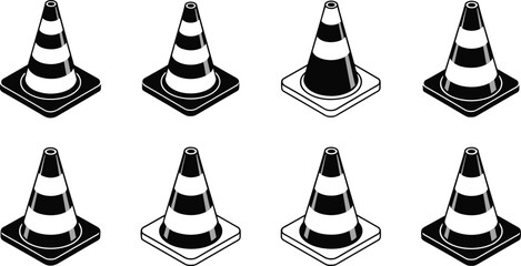 Traffic cone icons, striped cones, black and white, high contrast, perspective view, safety, roadwork, construction, caution, vector set, line art