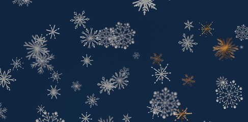 Abstract snowflake background with white and gold snowflakes on a dark blue backdrop. Perfect for winter holidays and festive designs