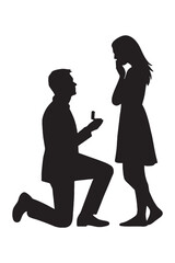 Man proposes with engagement ring, woman reacts with surprise and joy in a romantic silhouette scene