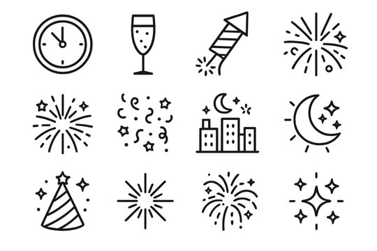New Year Celebration Icons. New Year Fireworks outline icon set: countdown clock, champagne glass, rocket, sparkler, fireworks burst, confetti, stars, cityscape, moon, glowing