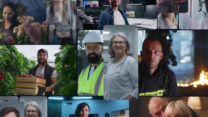 Professionals in Distinct Roles. Fast Paced Collage Shows Teamwork Across Hospitality, Customer Service, Engineering, Agriculture, Emergency Response. Concept of Unity, Responsibility, Skilled Labor.