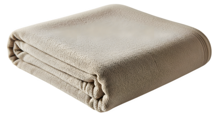 A neatly folded beige textured blanket with a subtle pattern isolated on transparent background