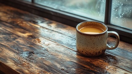 hand drip on wooden table with aged wood texture, enamel mug, and retro grains, vintage film look