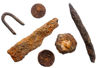 Collection of various old rusty objects isolated on a white background. Design elements. Metal detecting finds.