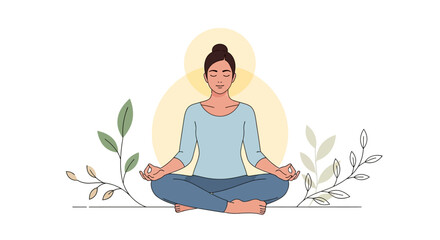 Serene woman meditating in lotus position surrounded by foliage, ideal for wellness campaigns, yoga studio promotions, or mindfulness app design