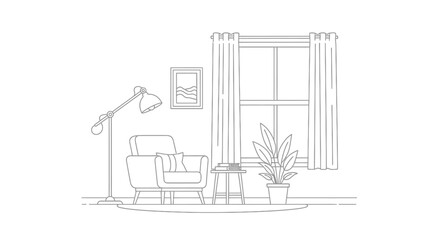 Minimalist living room interior illustration with armchair, lamp, window, and plant, ideal for interior design concepts and architectural visualizations.