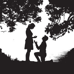 Romantic proposal under shady trees captures a man's heartfelt question and a woman's joyful anticipation of lifelong commitment