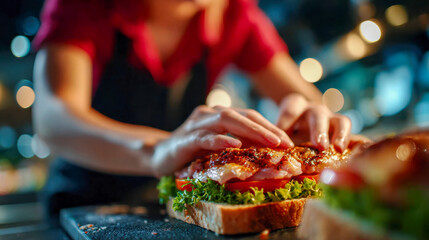 Chef preparing a fresh sandwich with arugula and prosciutto, illuminated by warm kitchen light