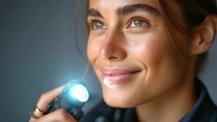 Young policewoman in uniform with flashlight and walkie talkie on light grey background, under soft studio light highlighting readiness and detail, serene portrait scene, calm grey