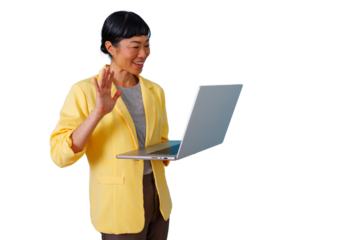 Asian businesswoman waving during video call with laptop, working remotely, smiling, transparent background