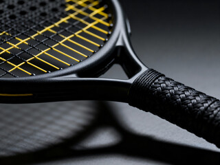 Close-Up Macro View of Black Padel Racket with Yellow Strings Under Studio Lighting
