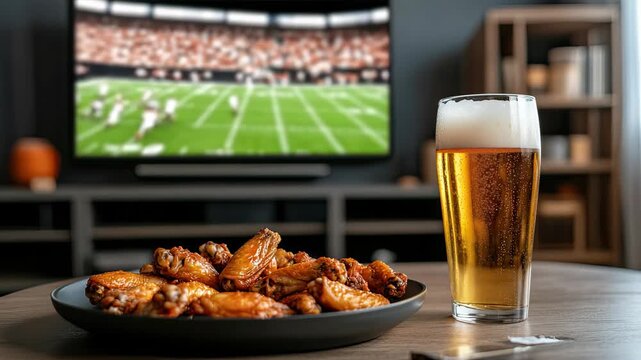 Indulge in delicious hot wings and refreshing beverages while cheering for your favorite team during a thrilling sports event
