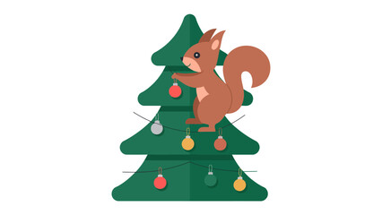 Squirrel Decorating Christmas Tree: A whimsical illustration depicts a cute squirrel adorning a festive Christmas tree, infusing the holiday spirit with an adorable touch. 