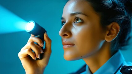 Young policewoman in uniform with flashlight on light blue background, under soft studio light highlighting authority and detail, serene portrait scene, calm blue lighting, with co