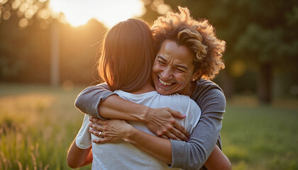 Two women hugging happily outdoors at sunset