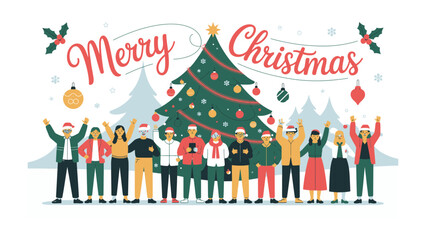 Holiday Cheer & Festive Gathering: A vibrant illustration captures a joyful holiday celebration, as a diverse group of people gather in front of a decorated tree to share the holiday spirit. 
