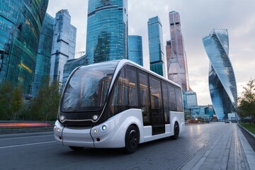Obraz premium An electric bus is seen on an urban road lined with impressive glass structures as the evening sky darkens. The setting showcases modern city life with vibrant architecture
