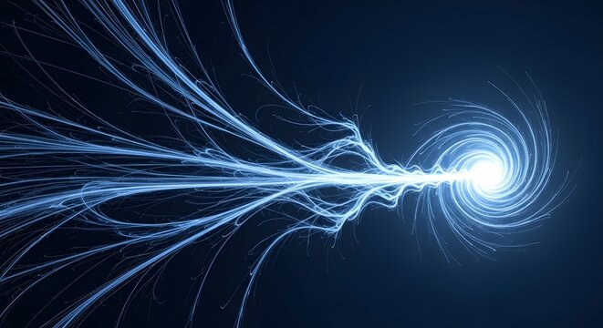 Abstract swirling blue energy particles emanating from a bright light source in a dark void, representing motion and power